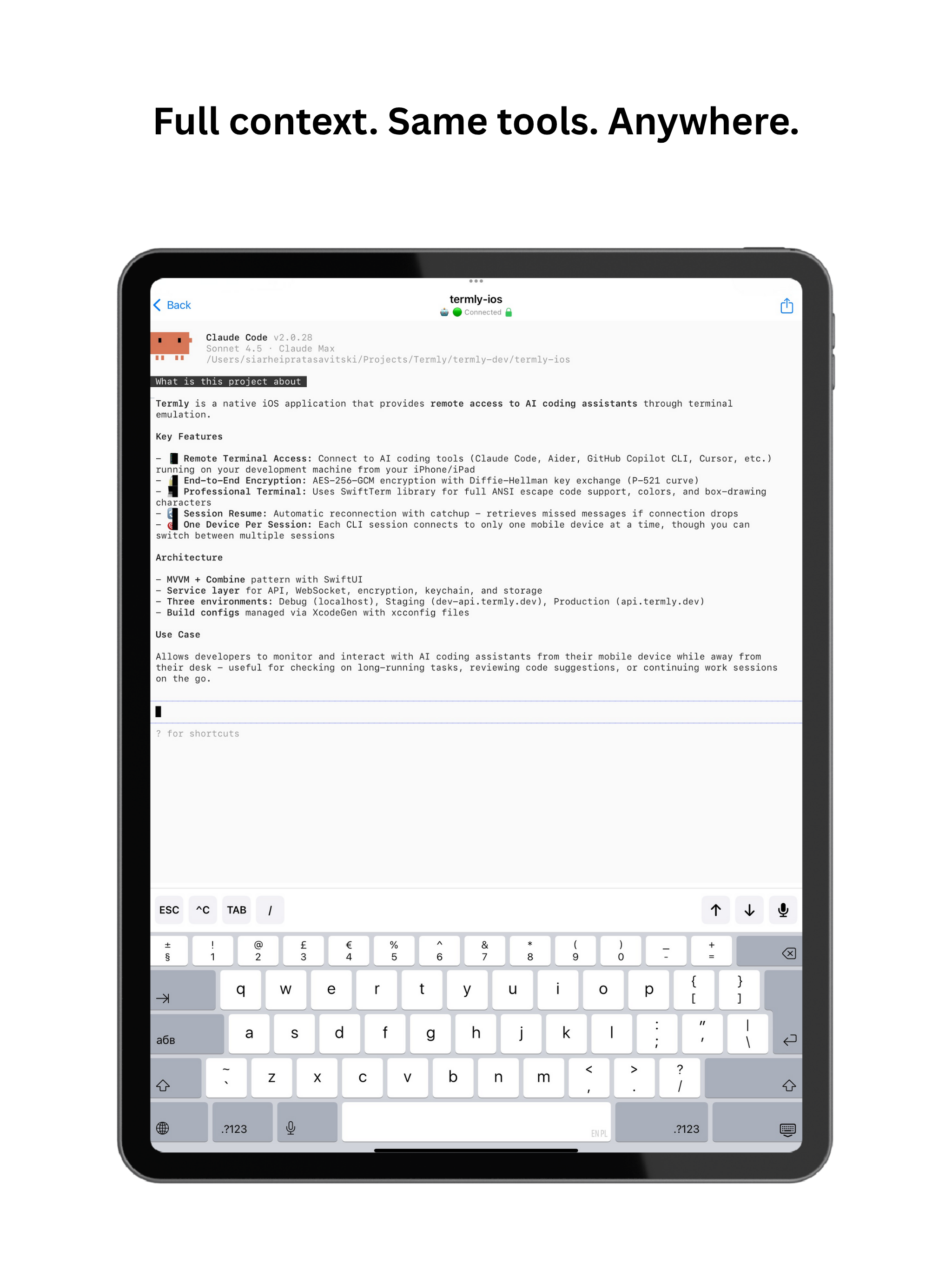 Termly running on iPad Pro showing Claude Code AI assistant with terminal interface and code editing capabilities